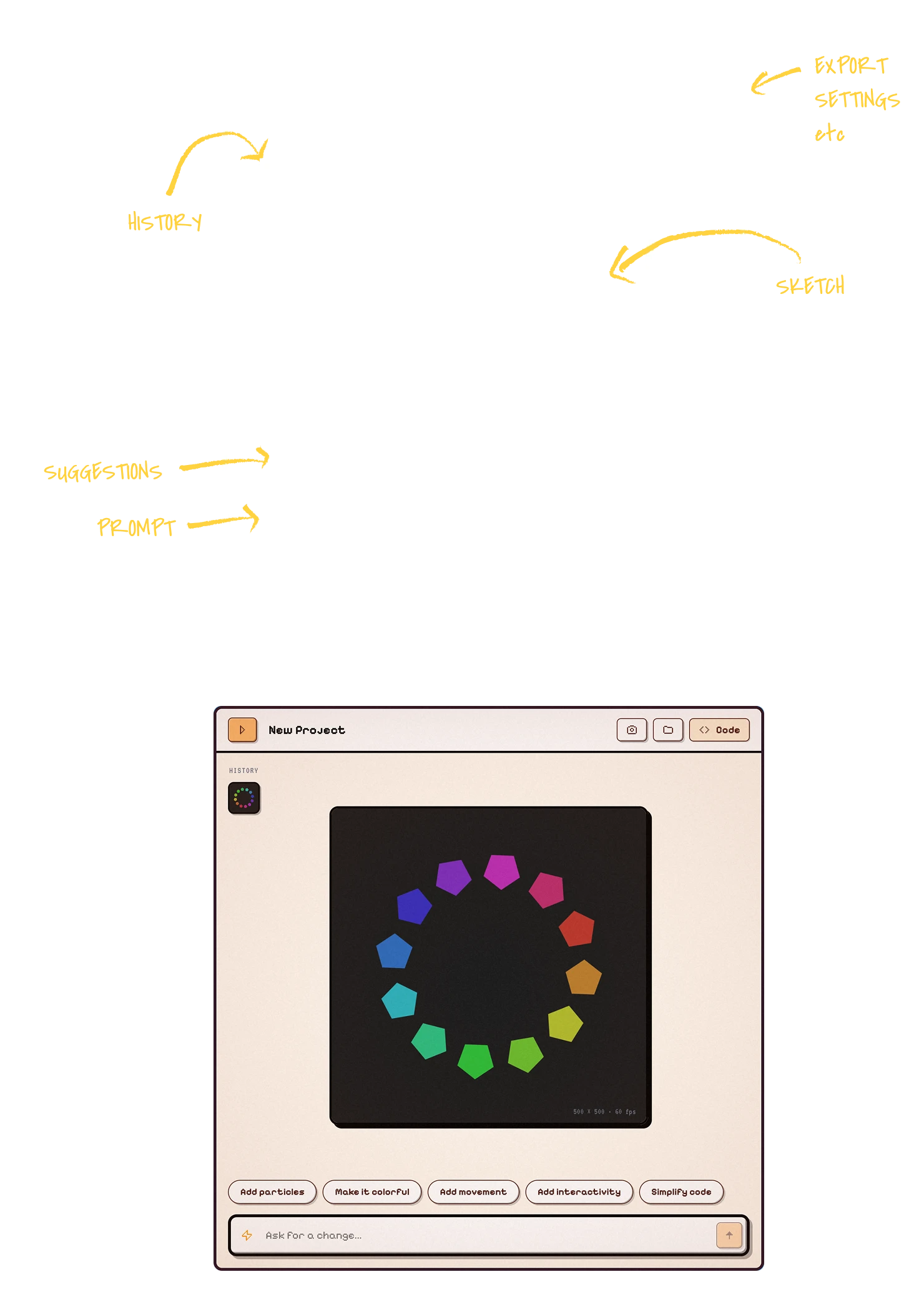 A hand-drawn wireframe, and below it the view the agent composed from it